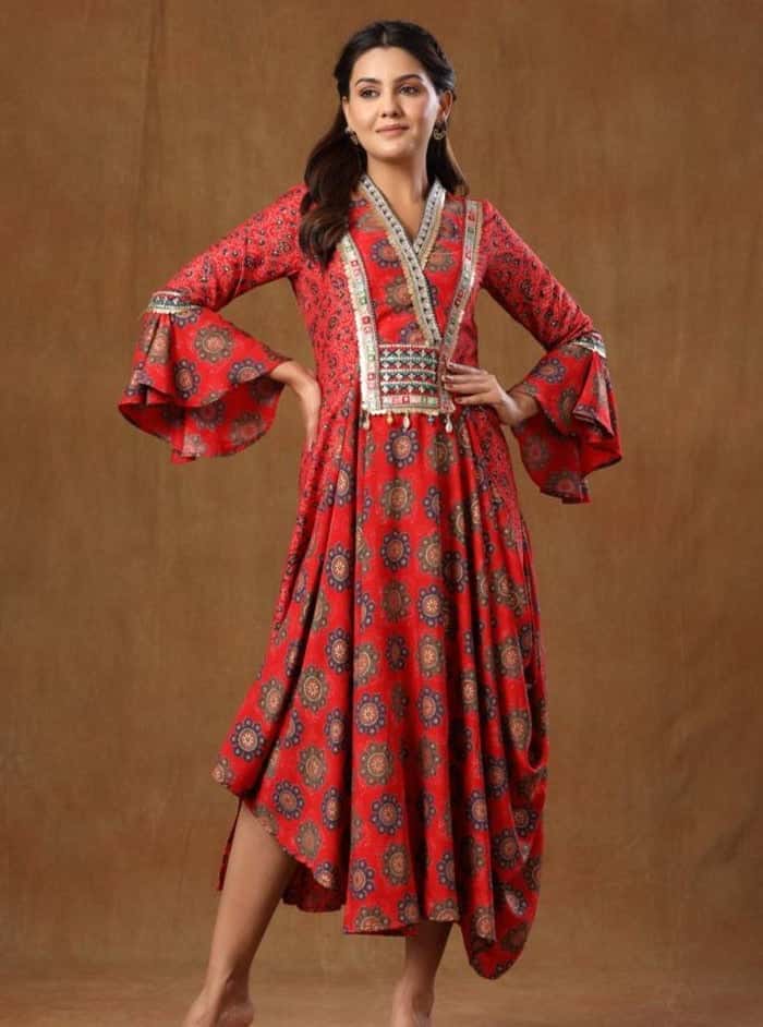 Muslin Silk Cowl Neck Dress With Bell Sleeves And Yoke Embroidery