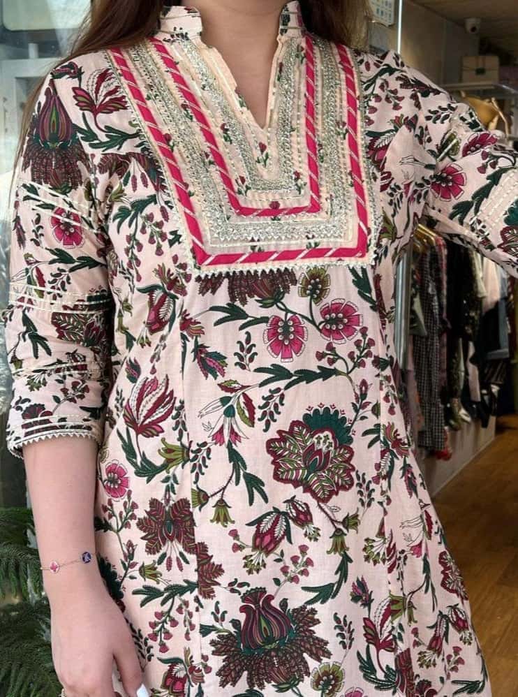 Block Print Cotton Kurta & Sharara Set in Cream & Pink