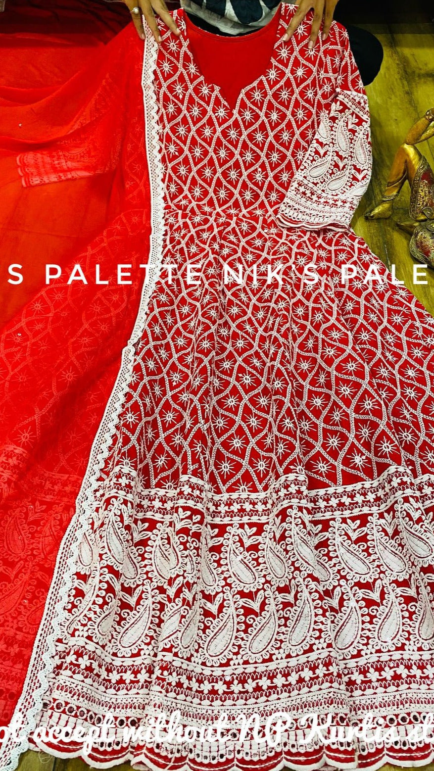 Sequined Cotton Anarkali Gown With Mulmul Lining & Chiffon Dupatta