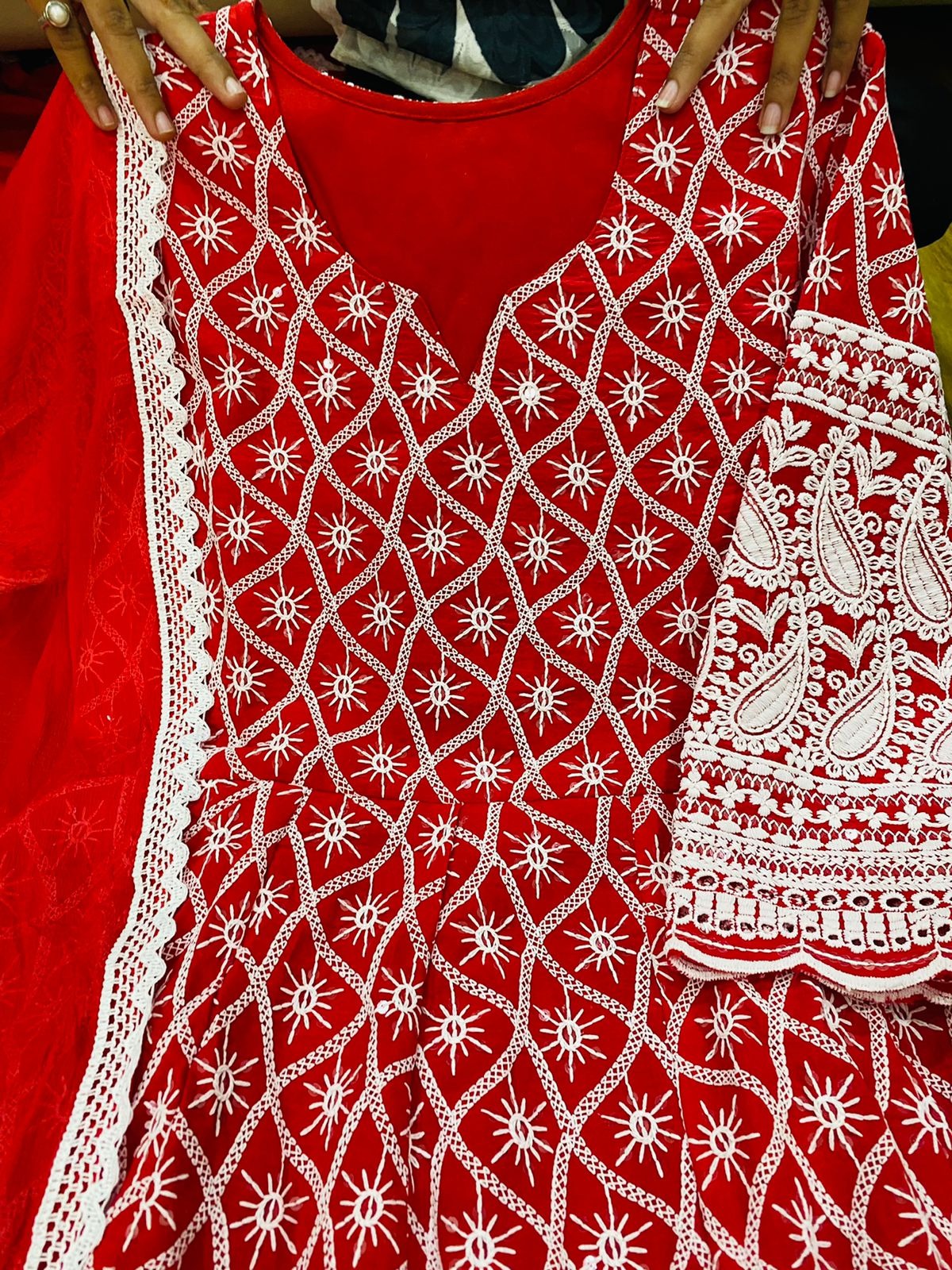 Sequined Cotton Anarkali Gown With Mulmul Lining & Chiffon Dupatta