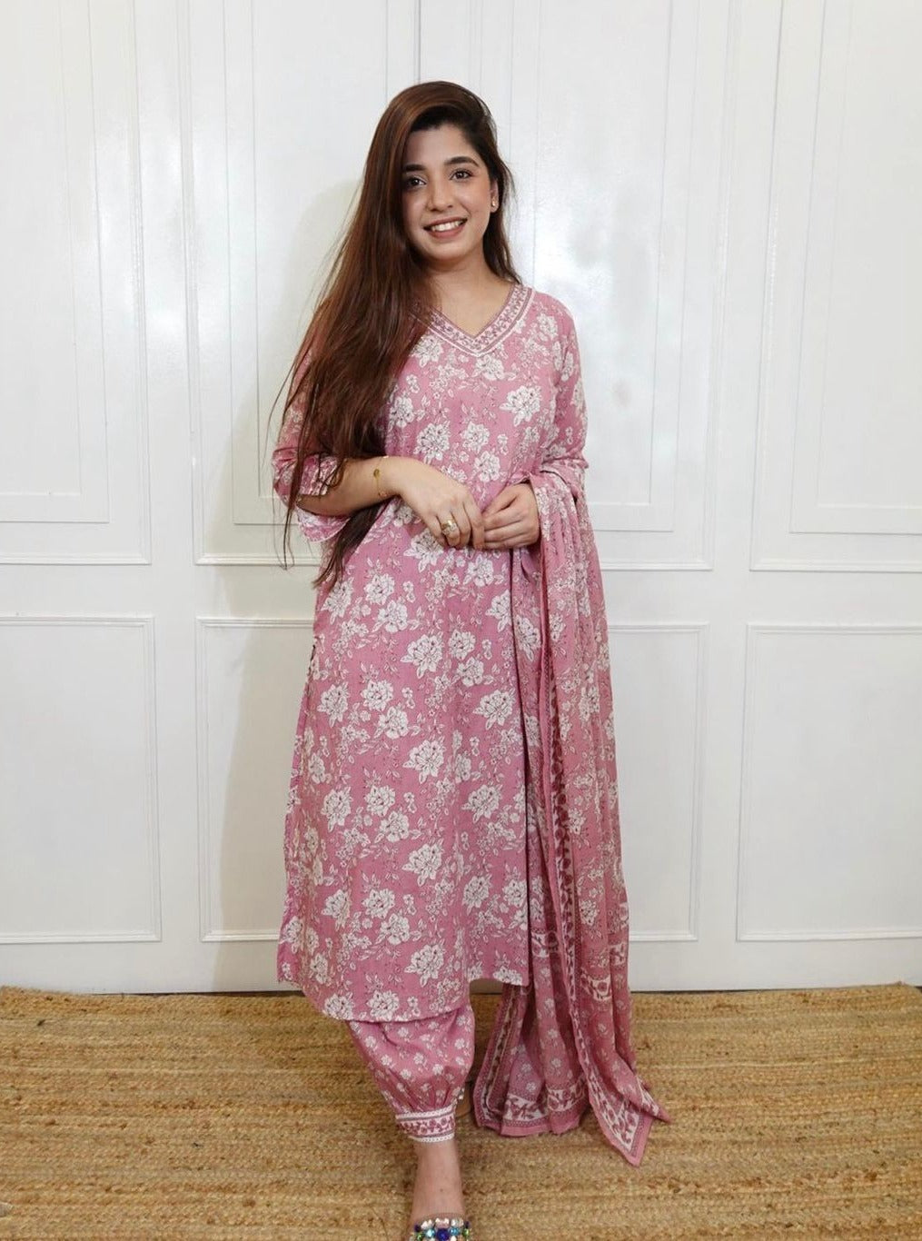 Floral Cotton Kurta Set with Matching Pants & Dupatta