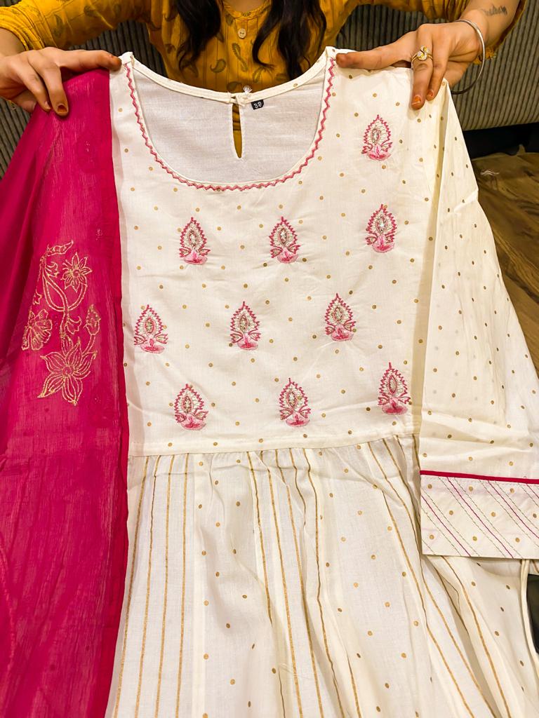 Golden Zari Anarkali Kurti Set with Stripe Pant & Chiffon Dupatta