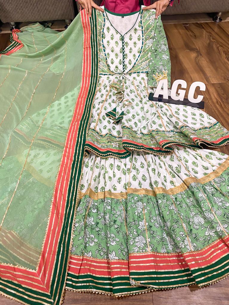 Green Bandani & Block Combo Jacket With Peplum & Sharara Set