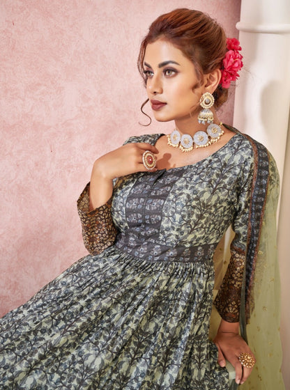 Royal Print Floor Length Gown With Soft Net Dupatta