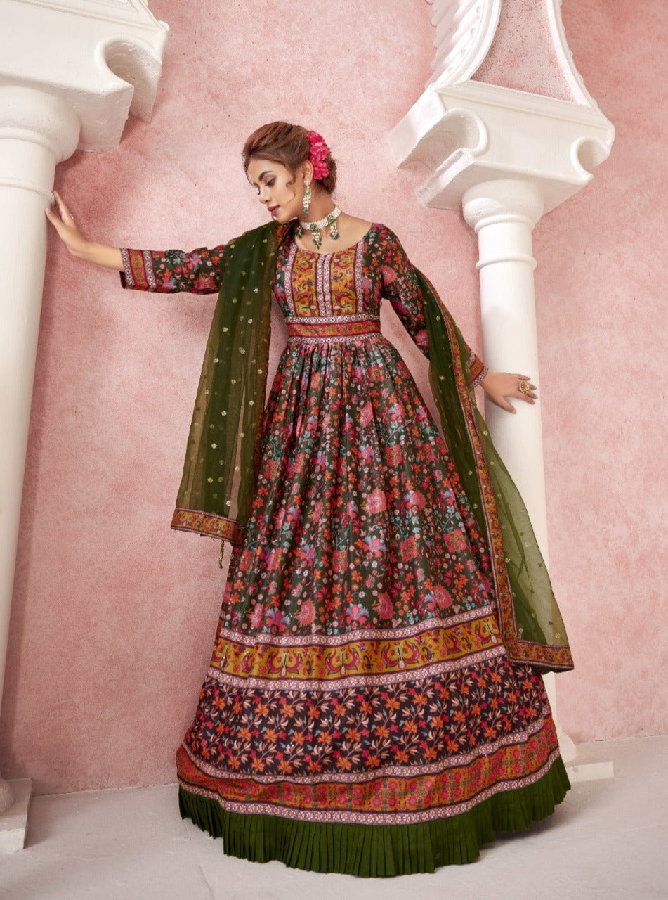 Royal Print Floor Length Gown With Soft Net Dupatta