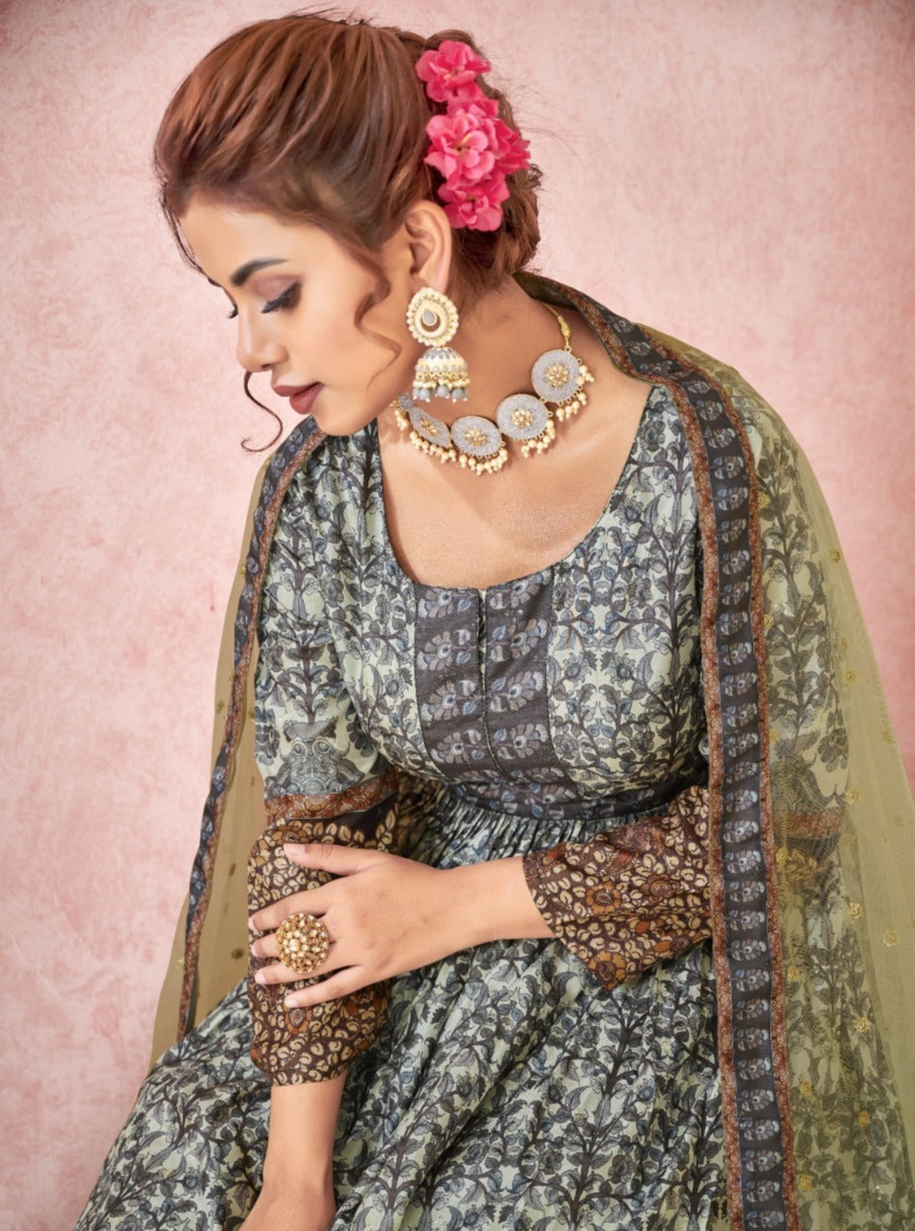 Royal Print Floor Length Gown With Soft Net Dupatta