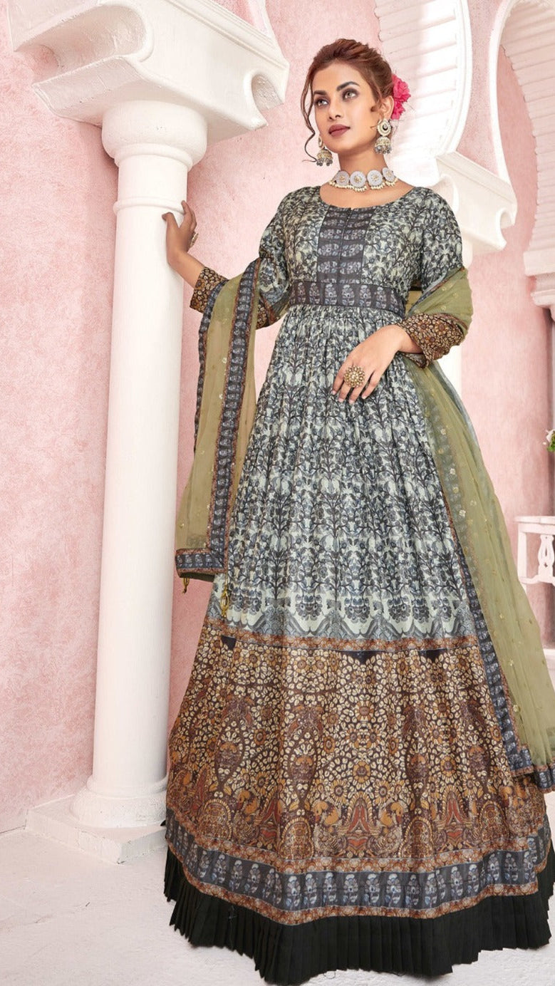 Royal Print Floor Length Gown With Soft Net Dupatta