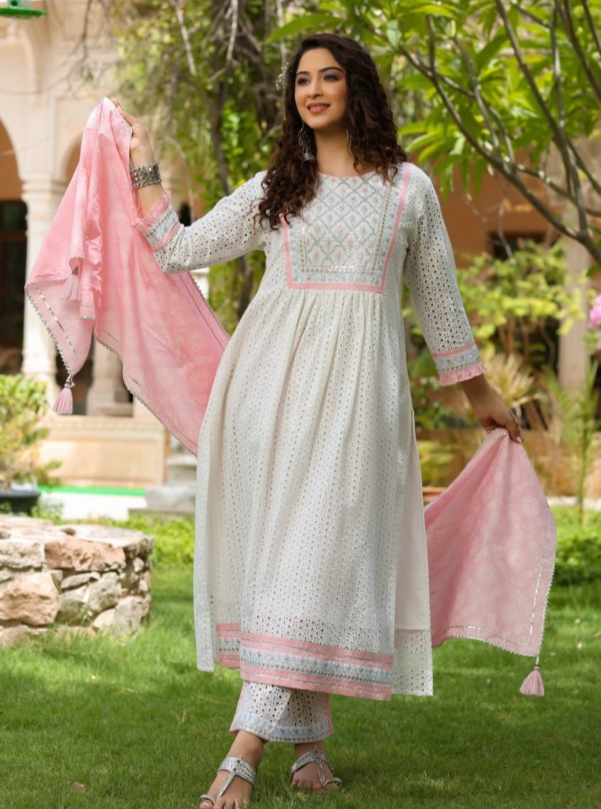 Elegant White Embroidered Kurta Set