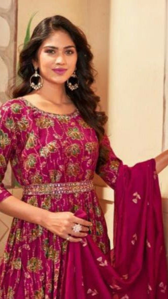 Maroon Anarkali Kurta With Full Handwork Belt